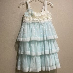 Isobella and Chloe white and light blue polka dot ruffled dress
